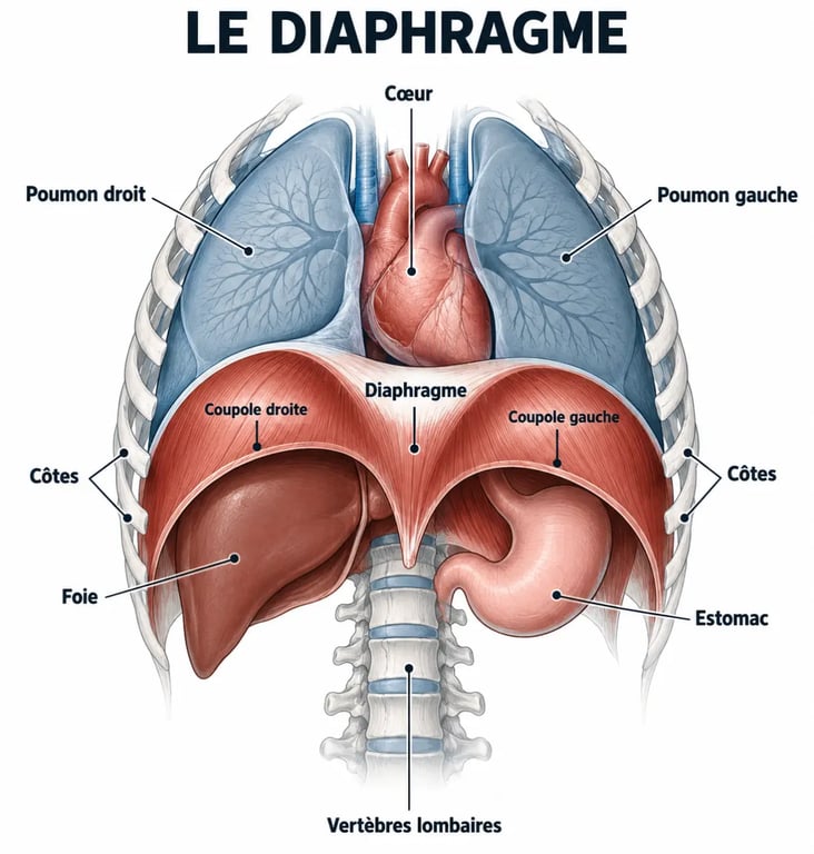 Schéma du diaphragme et des organes voisins pour comprendre une douleur diaphragme