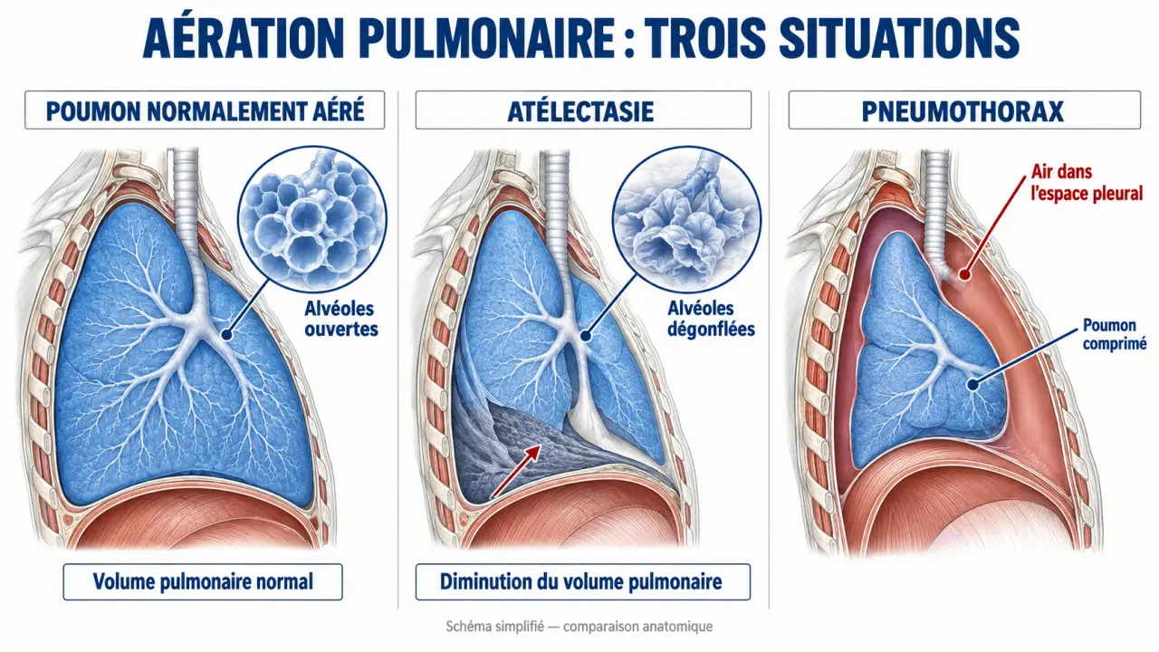Atélectasie est-ce grave : schéma comparant un poumon normal, une atélectasie et un pneumothorax