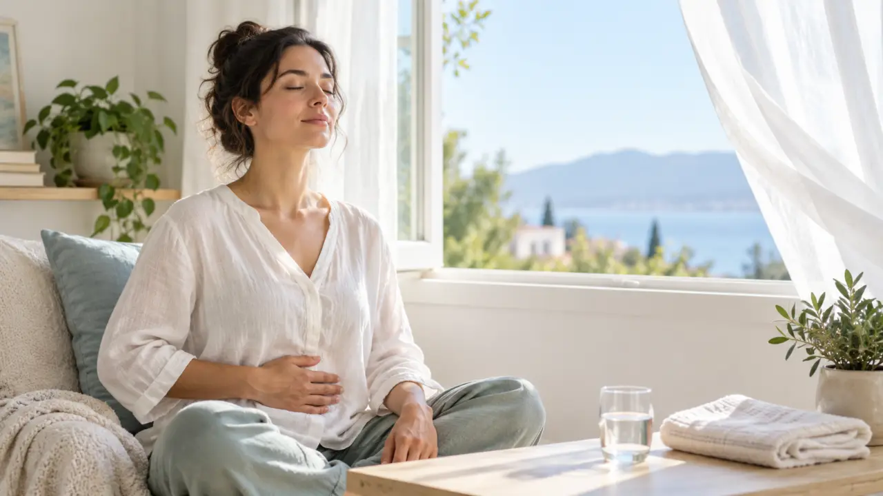 Personne sereine pratiquant la respiration nasale dans un intérieur lumineux