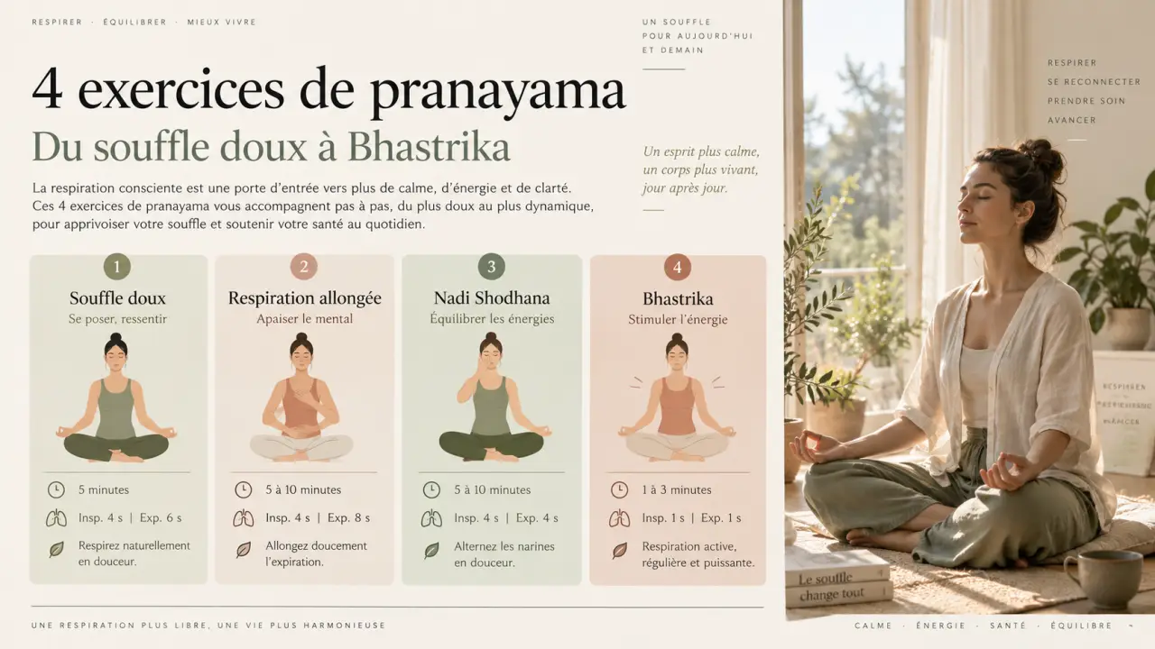 4 exercices de pranayama à imprimer, du souffle doux à Bhastrika