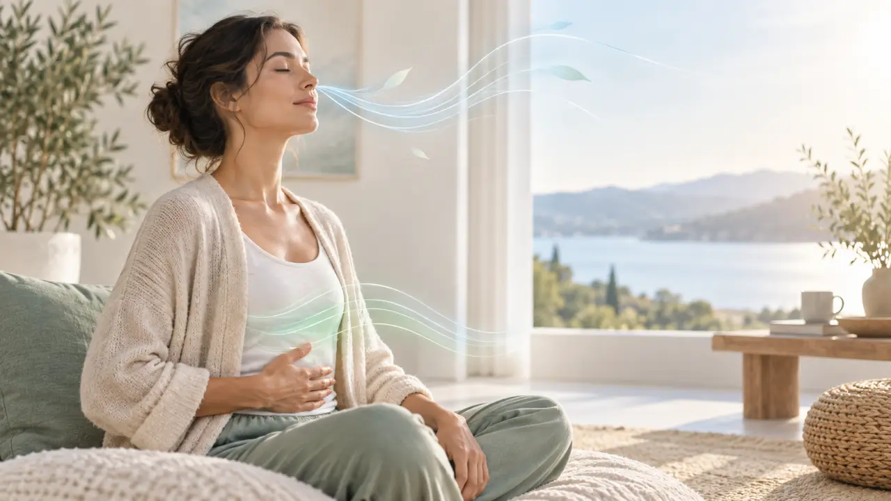 Personne respirant calmement les yeux fermés dans une ambiance lumineuse et apaisante