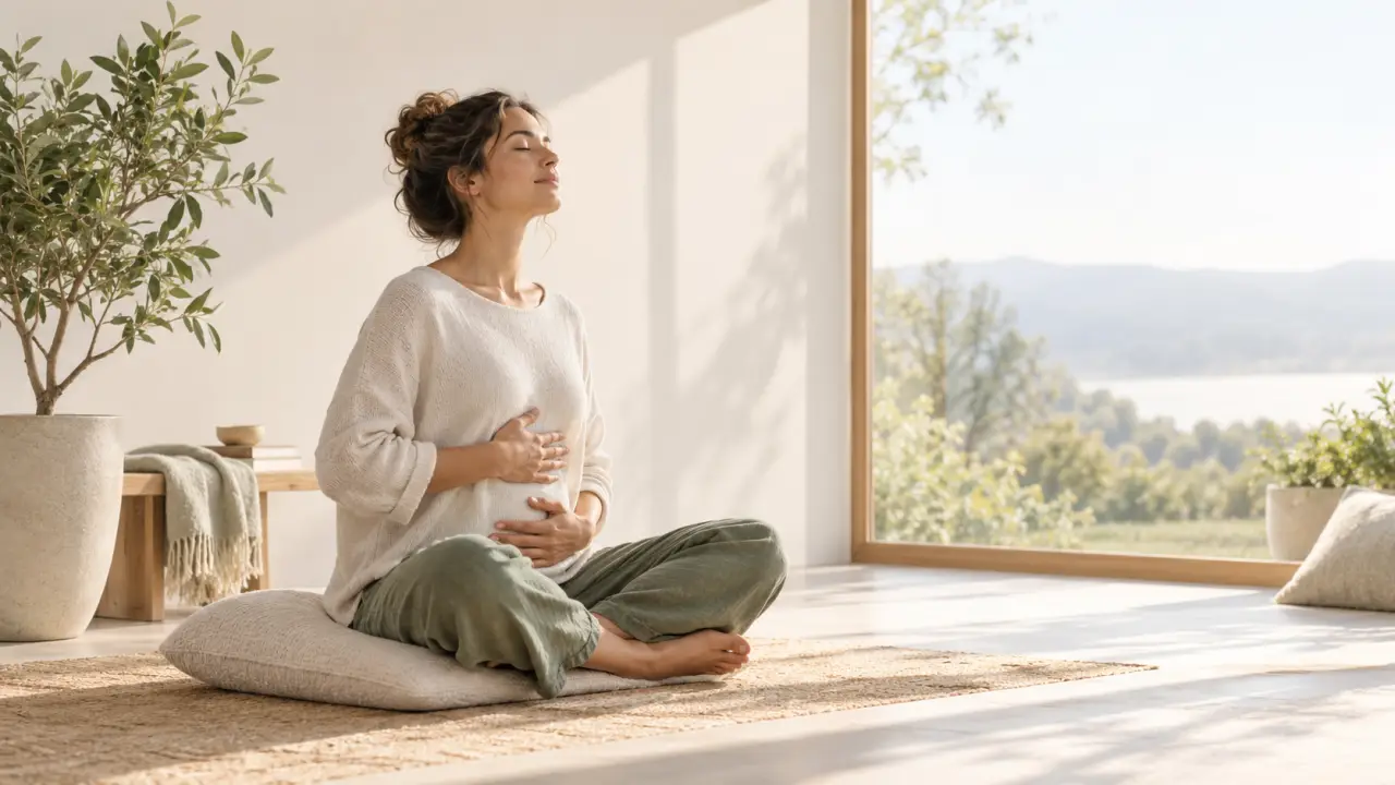 Personne assise les yeux fermés pratiquant une respiration consciente dans un intérieur lumineux