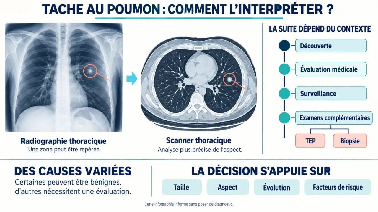 Infographie expliquant ce qu’est une tache au poumon et le parcours du scanner à la surveillance