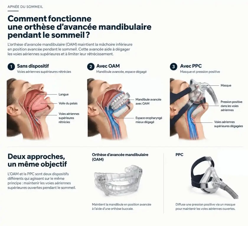 Infographie expliquant le fonctionnement d’une orthèse apnée du sommeil et sa différence avec la PPC