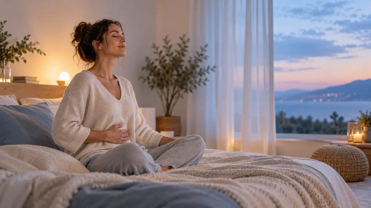 Personne pratiquant une respiration calme et nasale dans une atmosphère douce le soir