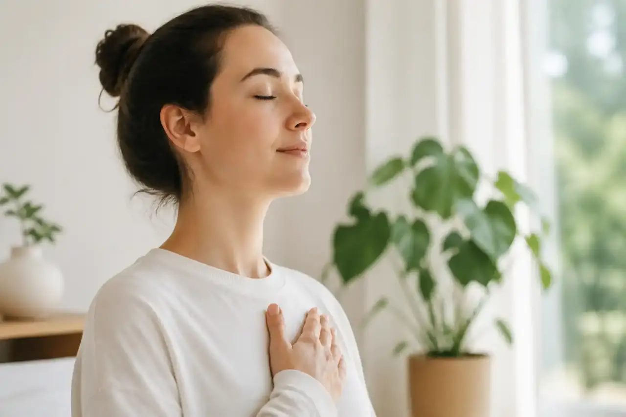 Personne respirant calmement par le nez dans une atmosphère lumineuse et sereine
