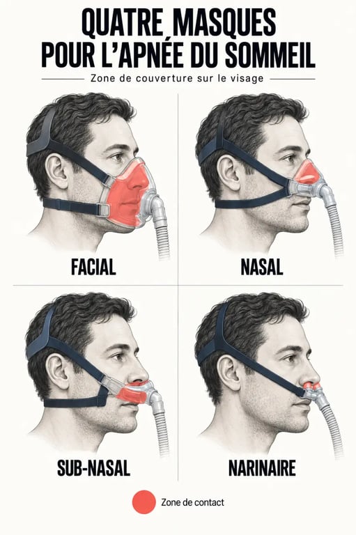 Comparatif des masques apnées du sommeil facial nasal sub-nasal et narinaire
