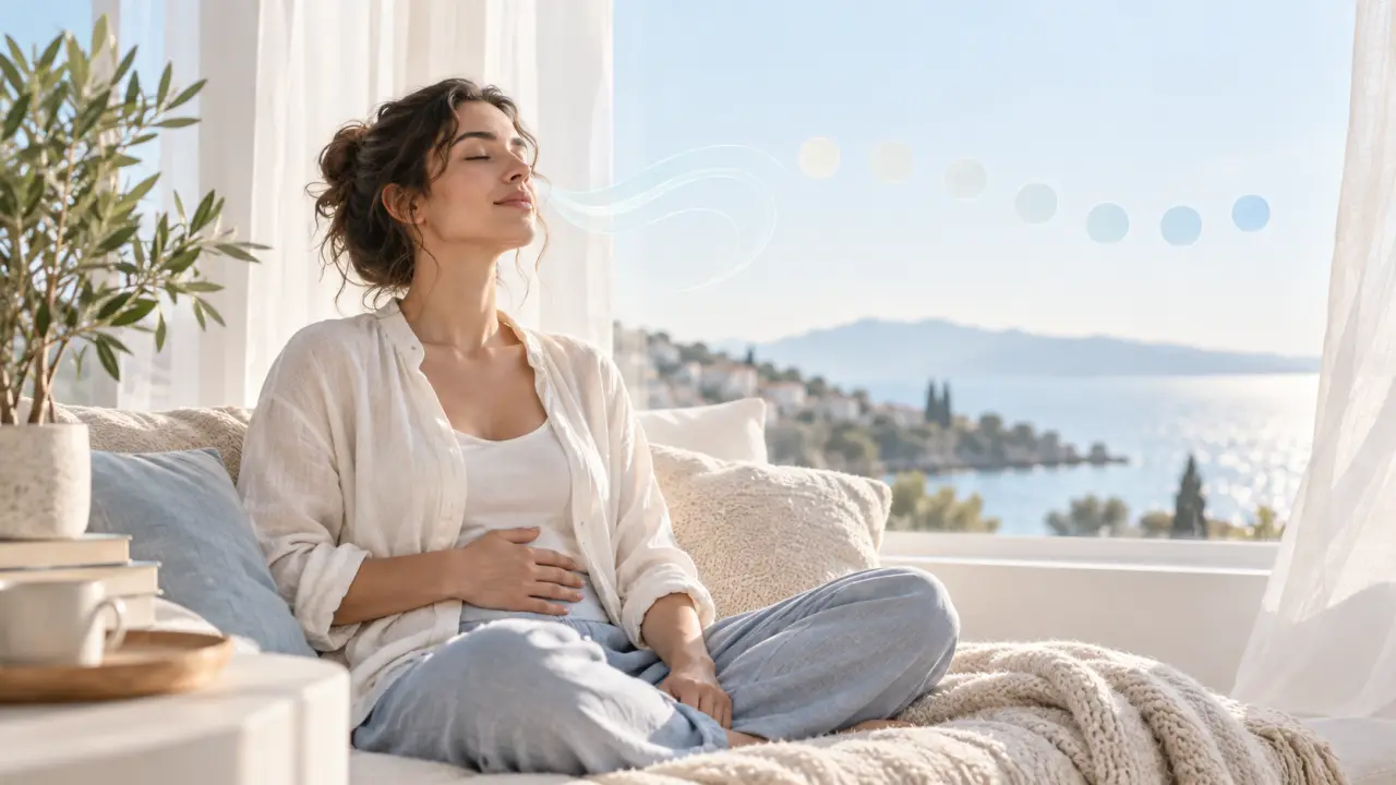 Léa pratique une respiration calme et nasale dans un intérieur lumineux