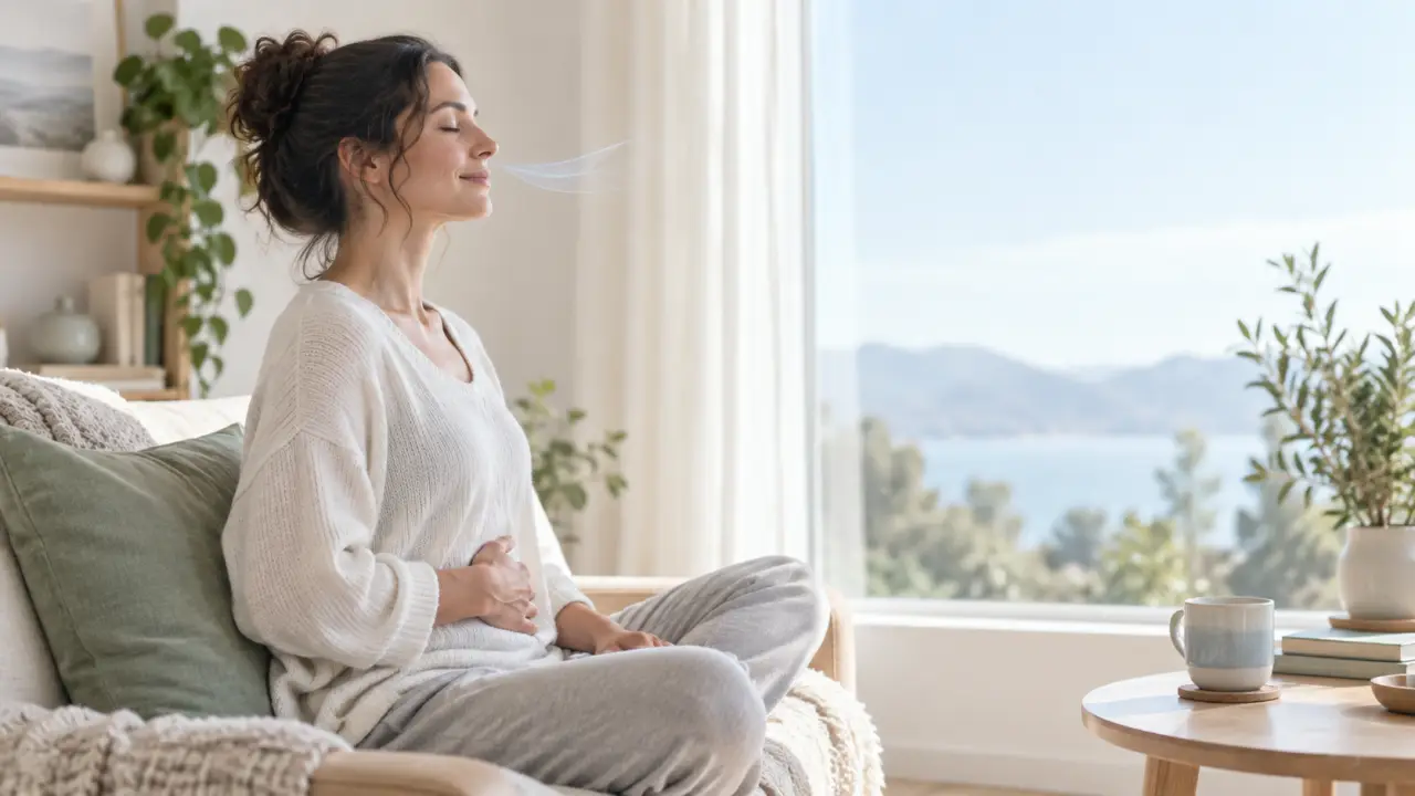 Personne respirant calmement par le nez dans une atmosphère lumineuse et apaisante