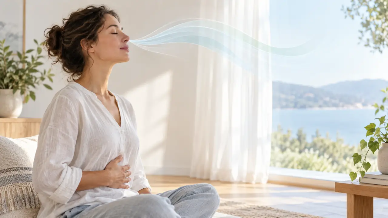 Personne respirant calmement par le nez dans une atmosphère lumineuse et apaisante
