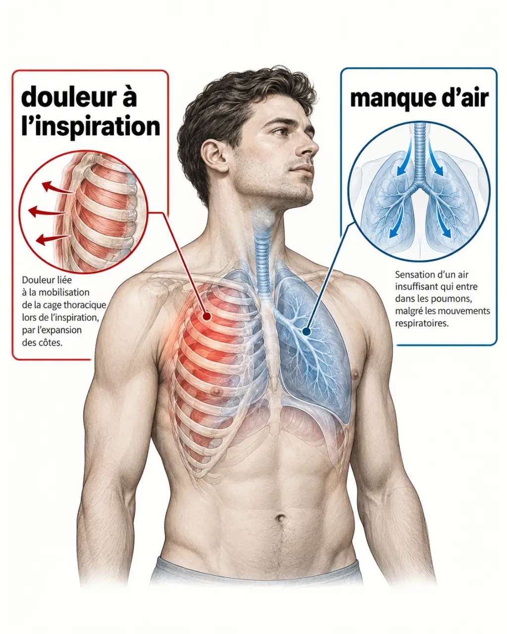 Schéma expliquant la dorsalgie et la gêne respiratoire lors de l’inspiration