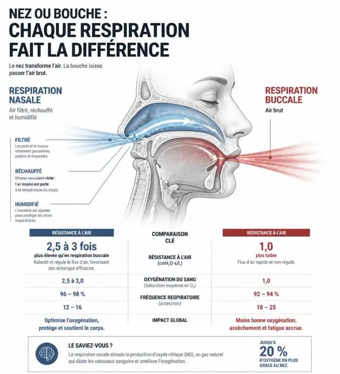 Schéma comparatif respirer par la bouche versus respirer par le nez