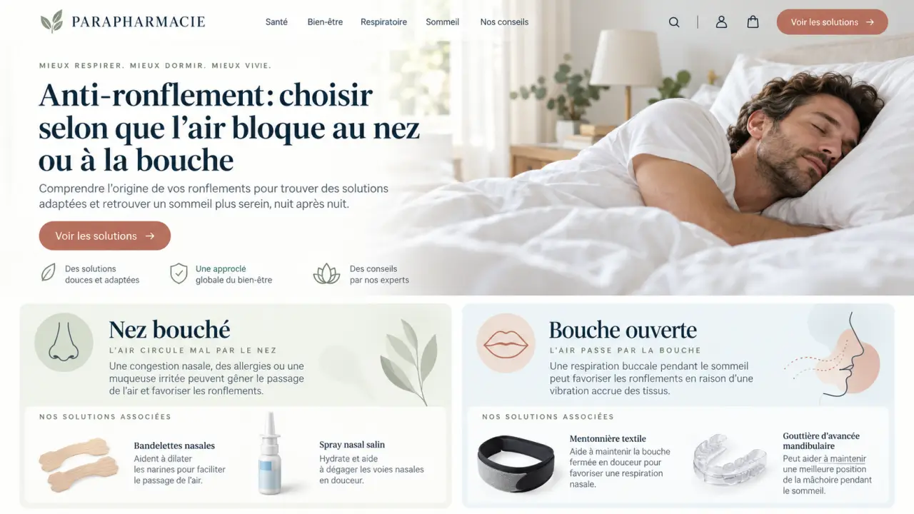 Anti-ronflement en parapharmacie : choisir selon que l'air bloque au nez ou à la bouche