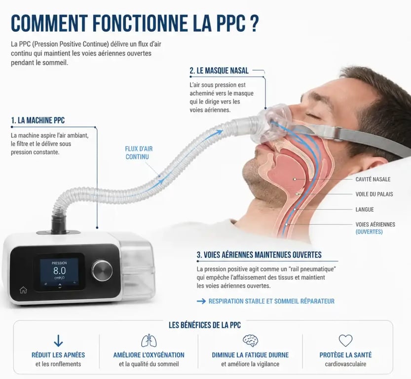 Schéma explicatif du fonctionnement de la PPC pour le traitement de l'apnée du sommeil
