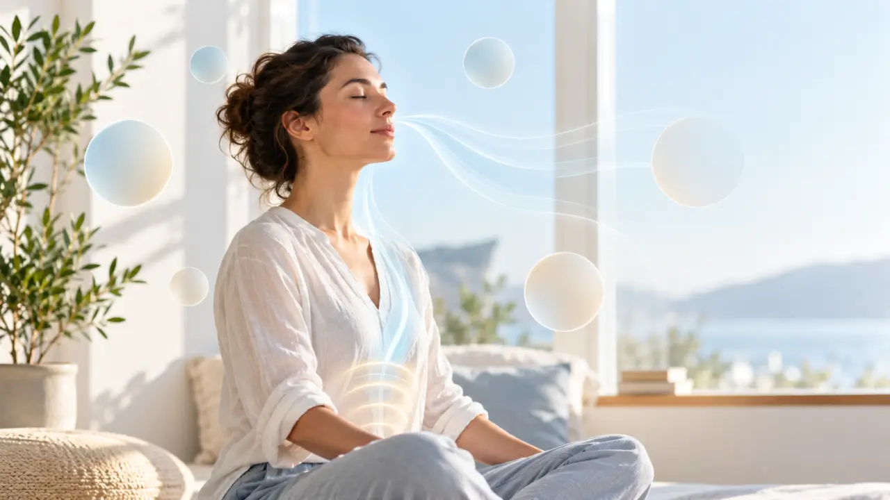 Personne respirant calmement par le nez dans une atmosphère lumineuse