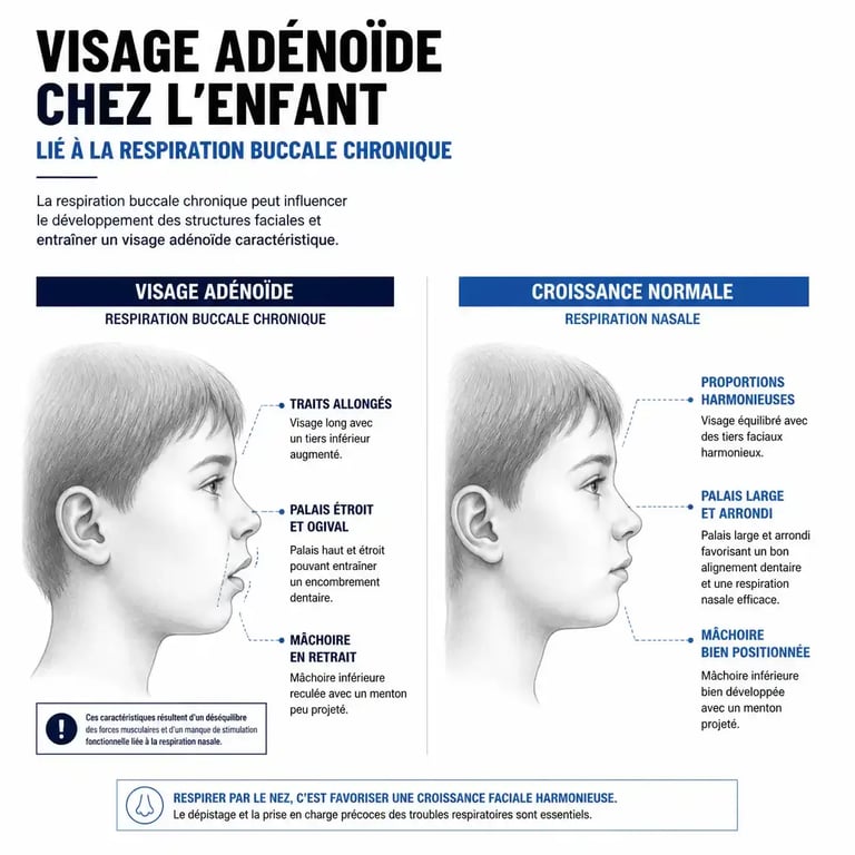 Visage adénoïde chez l'enfant qui respire par la bouche en permanence