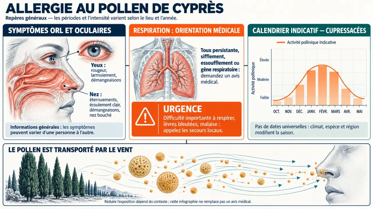Infographie sur le cyprès et allergie : symptômes, pollen transporté par le vent et période de pollinisation
