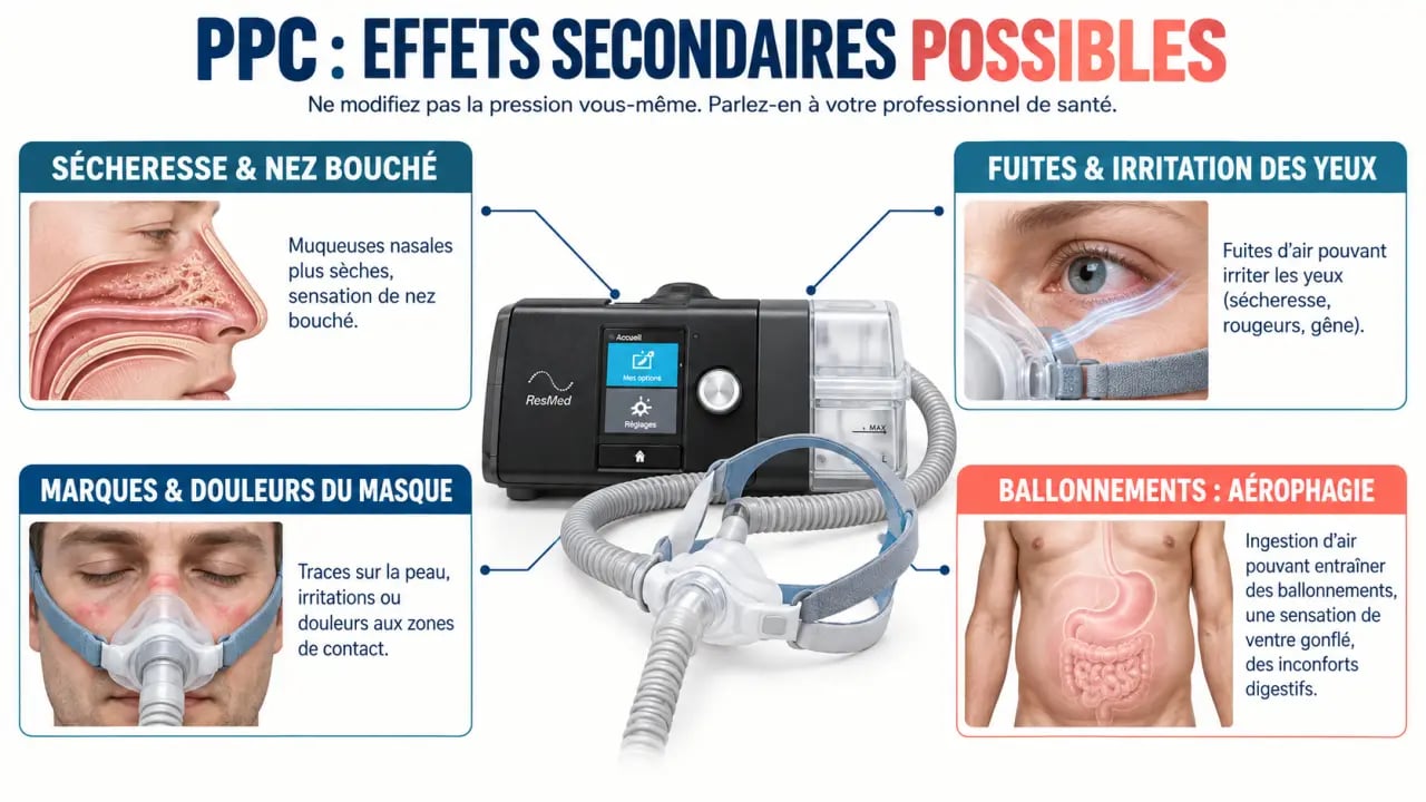 Infographie sur les effets secondaires d’un appareil PPC : sécheresse, fuites, irritation du masque et aérophagie