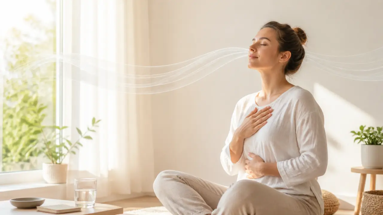 Personne de profil respirant calmement, yeux fermés, sur fond doux et lumineux