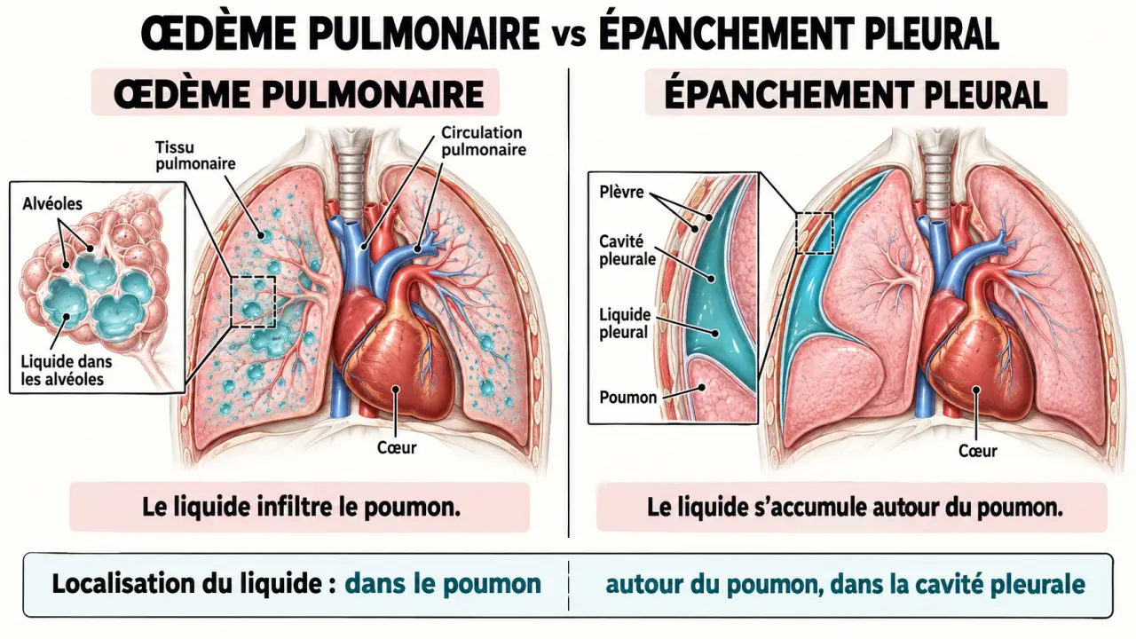 Schéma anatomique expliquant l’eau sur les poumons, entre œdème pulmonaire et épanchement pleural