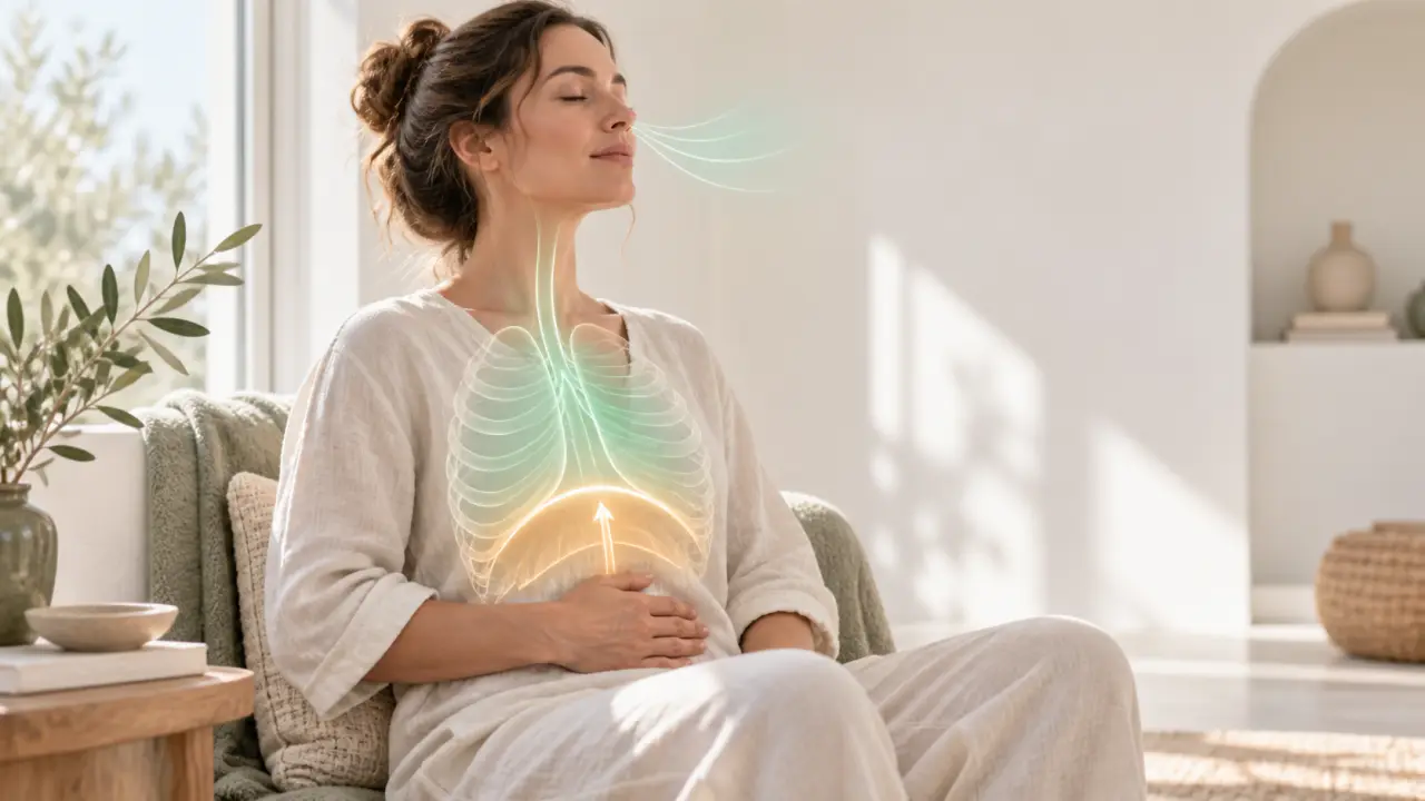 Personne assise les yeux fermés, respirant calmement dans une atmosphère lumineuse