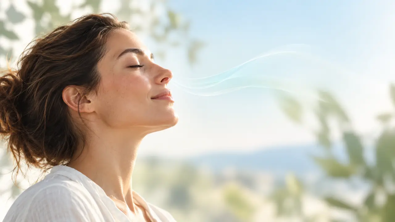 Personne sereine respirant doucement par le nez dans une lumière naturelle