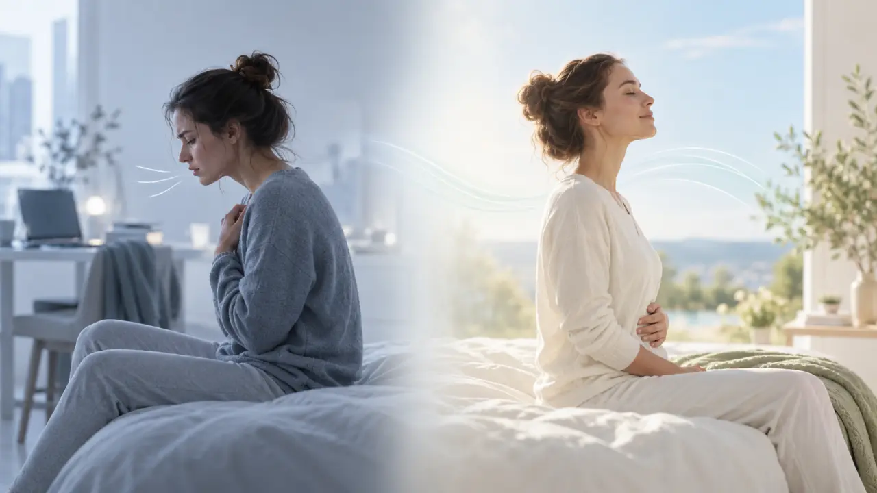 Personne de profil respirant calmement les yeux fermés dans une atmosphère lumineuse