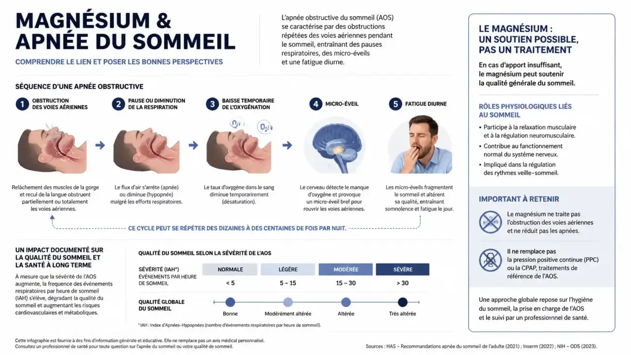 Infographie sur le magnésium et l’apnée du sommeil, avec pauses respiratoires, micro-éveils et rôle limité du magnésium