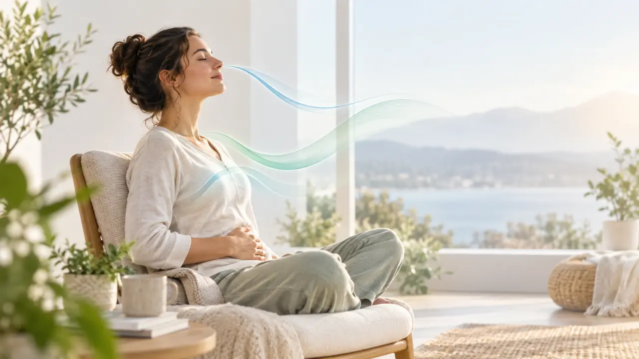 Personne respirant calmement les yeux fermés dans une atmosphère lumineuse