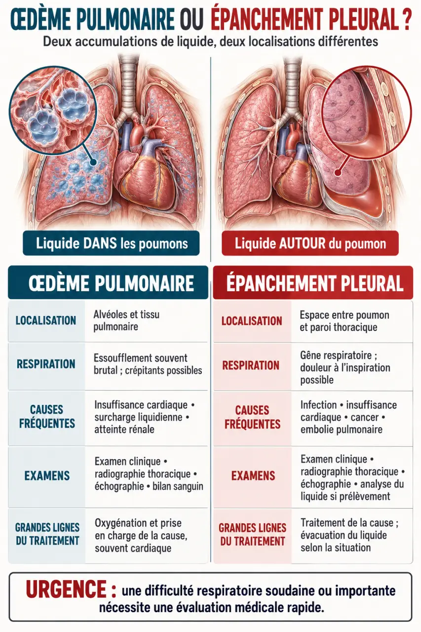 Infographie comparative sur le traitement de l’eau sur les poumons, œdème pulmonaire ou épanchement pleural