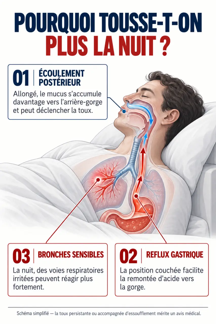 Schéma expliquant pourquoi on tousse plus la nuit en position allongée