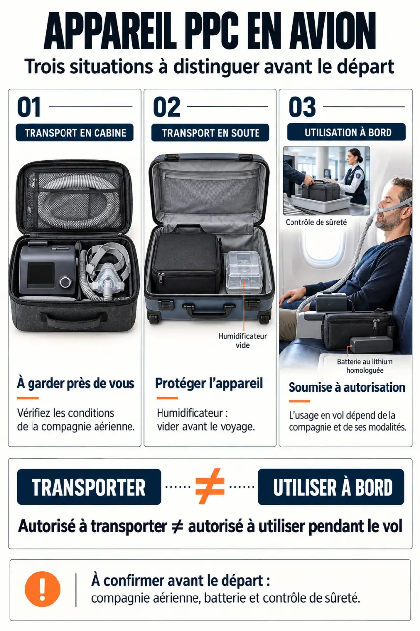 Infographie sur le transport d’un appareil apnée sommeil en cabine, en soute et pendant le vol